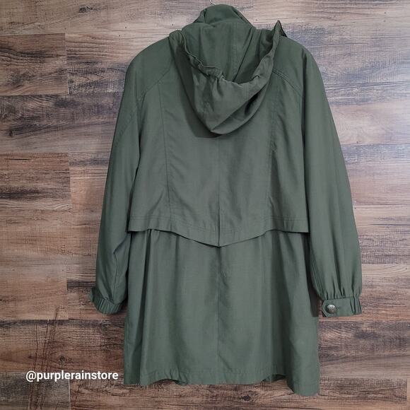 Vtg Gallery Hooded Duster Parka Jacket L Removable Hood Olive Classic 90's - Picture 2 of 16